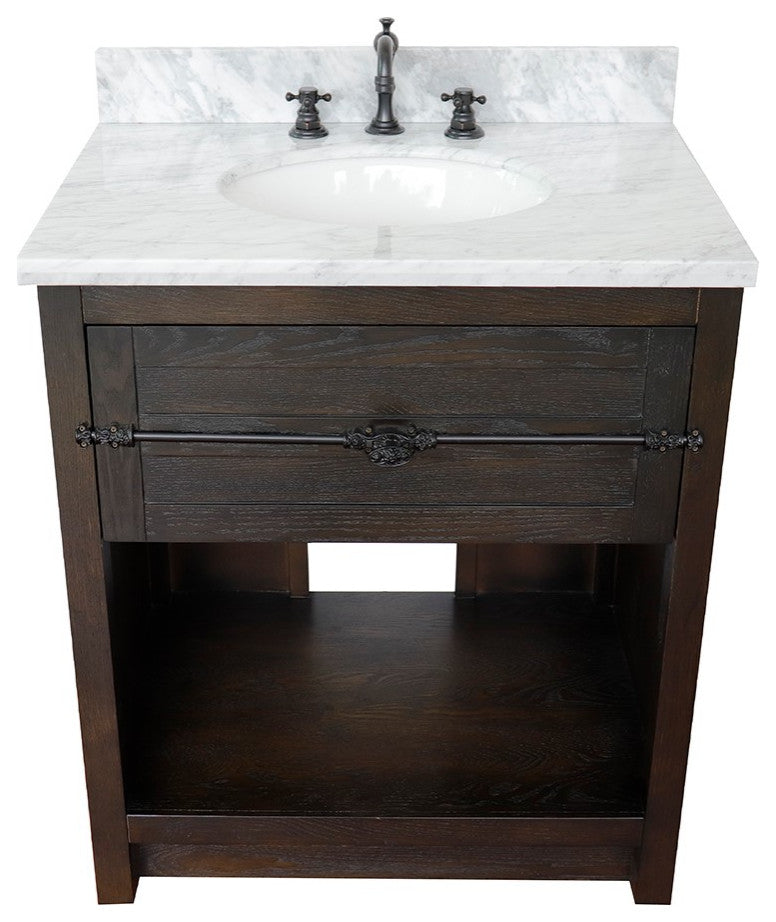 30" Single Vanity, Brown Ash, White Carrara Top, Oval Sink