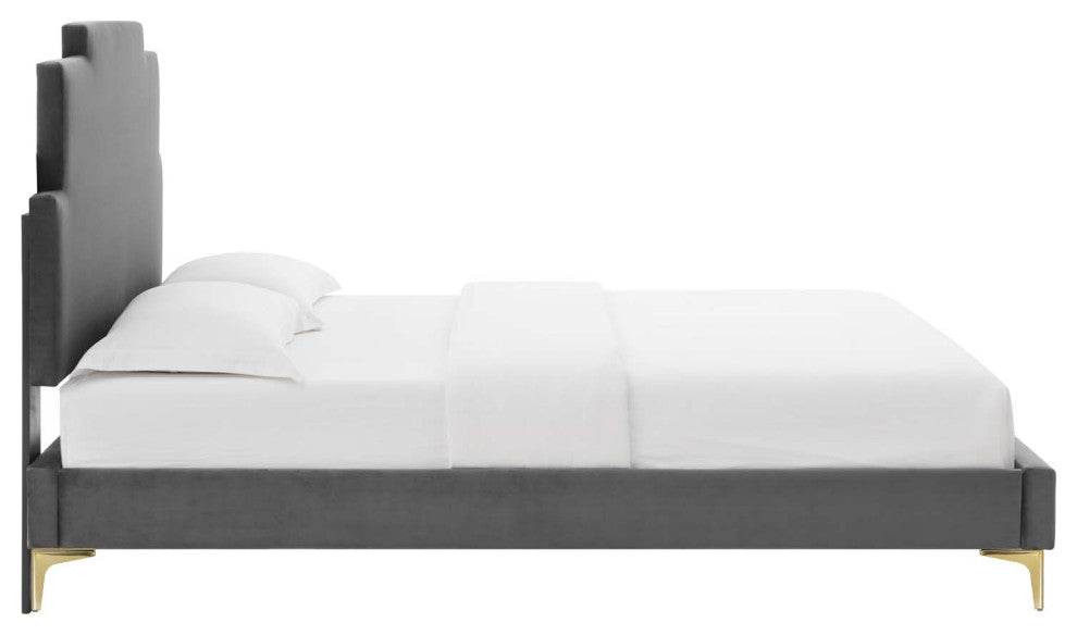 Platform Bed Frame, Full Size, Velvet, Dark Gray, Modern Contemporary