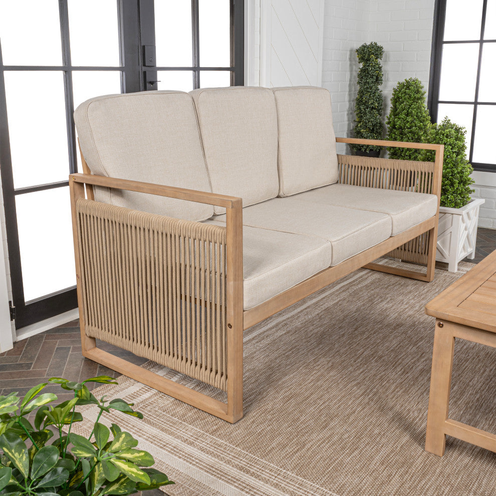 Gable 3-Seat Mid-Century Modern Roped Acacia Wood Outdoor Sofa With Cushions