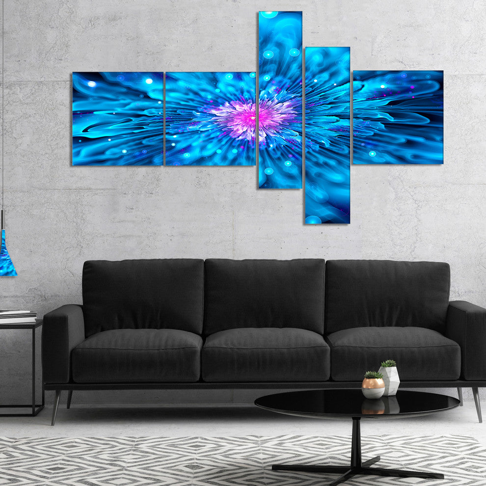 Magical Blue Glowing Flower, Floral Art Canvas Print, 60"x32", 5 panels