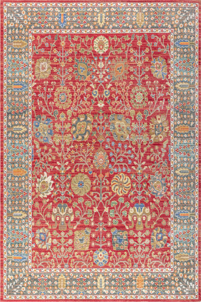 India Flower Area Rug, Burgundy, 5x8