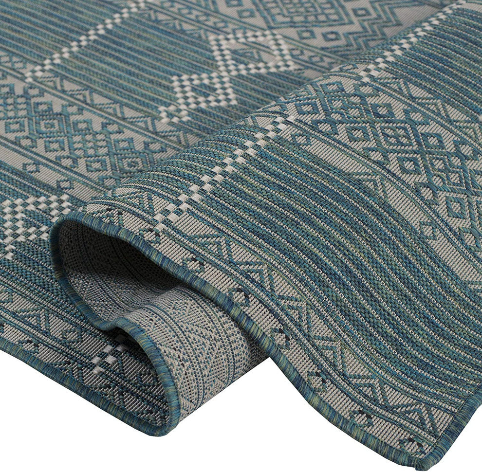 Outdoor Collection Geometric Pattern Bohemian Rug, Ocean, 5'3"x7'6"