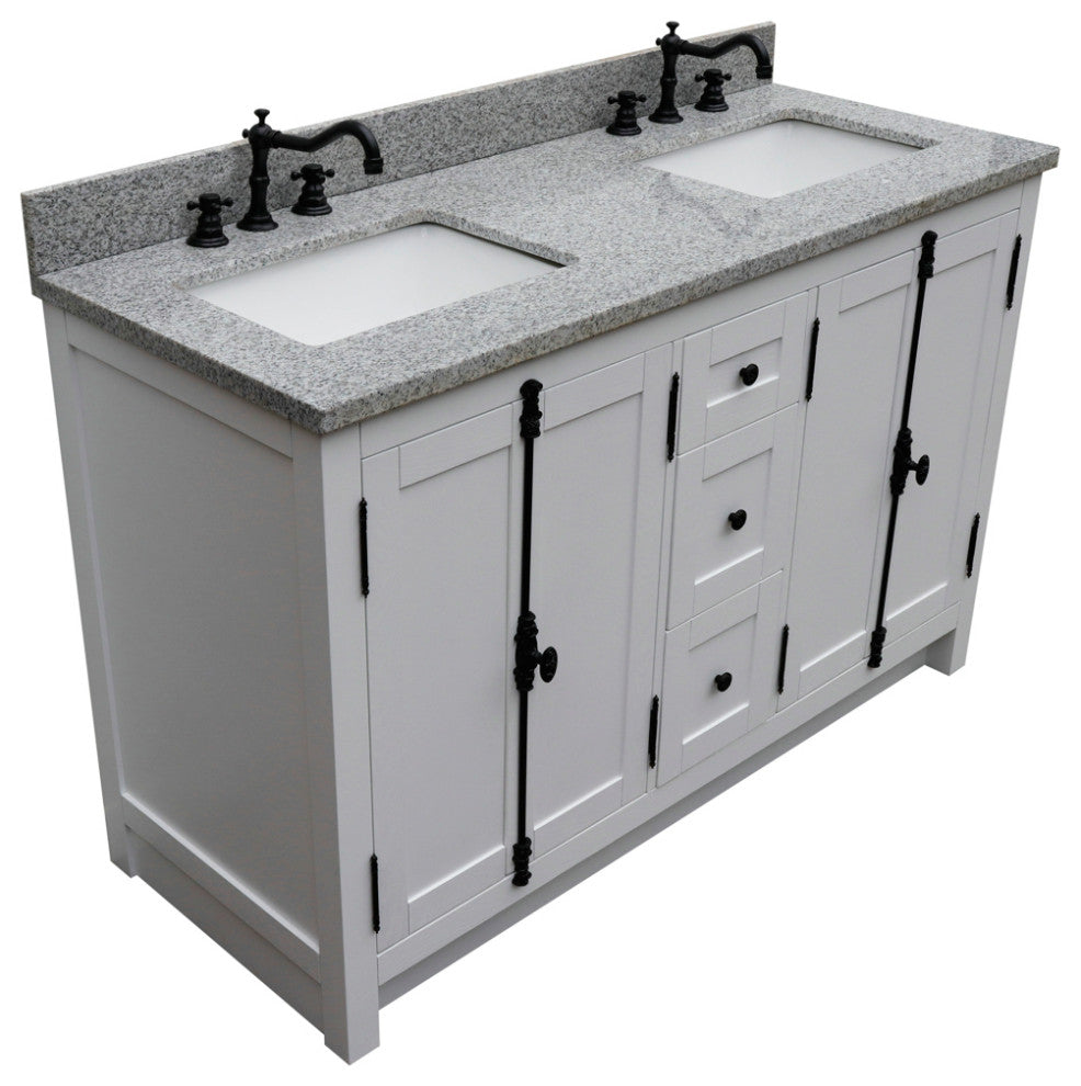 55" Double Vanity, Glacier Ash With Gray Granite Top, Mirrors & Rectangle Sinks