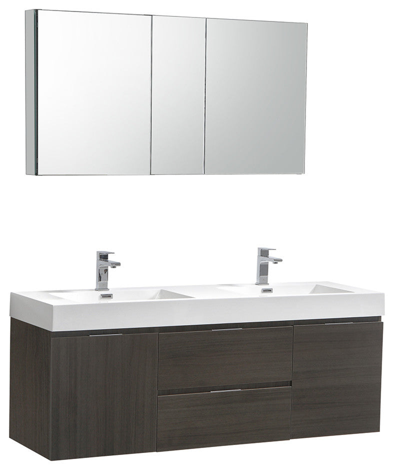 Valencia 60" Gray Oak Wall Hung Double Sink Vanity, Cabinet, Faucet FFT1040CH