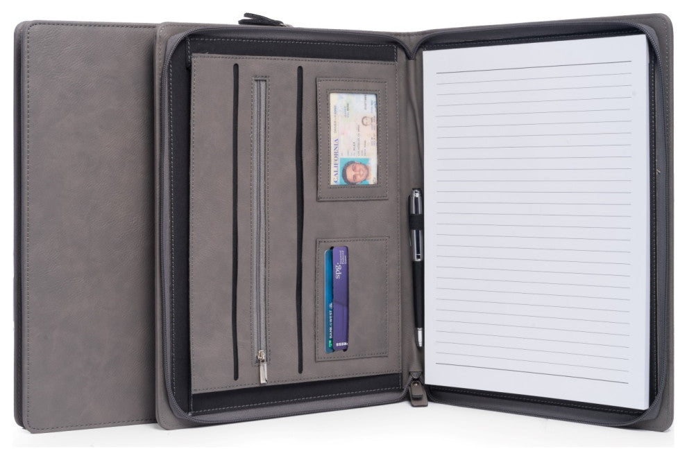 Multi Compartment Business Padfolio/Portfolio, Zipper Closure, Gray