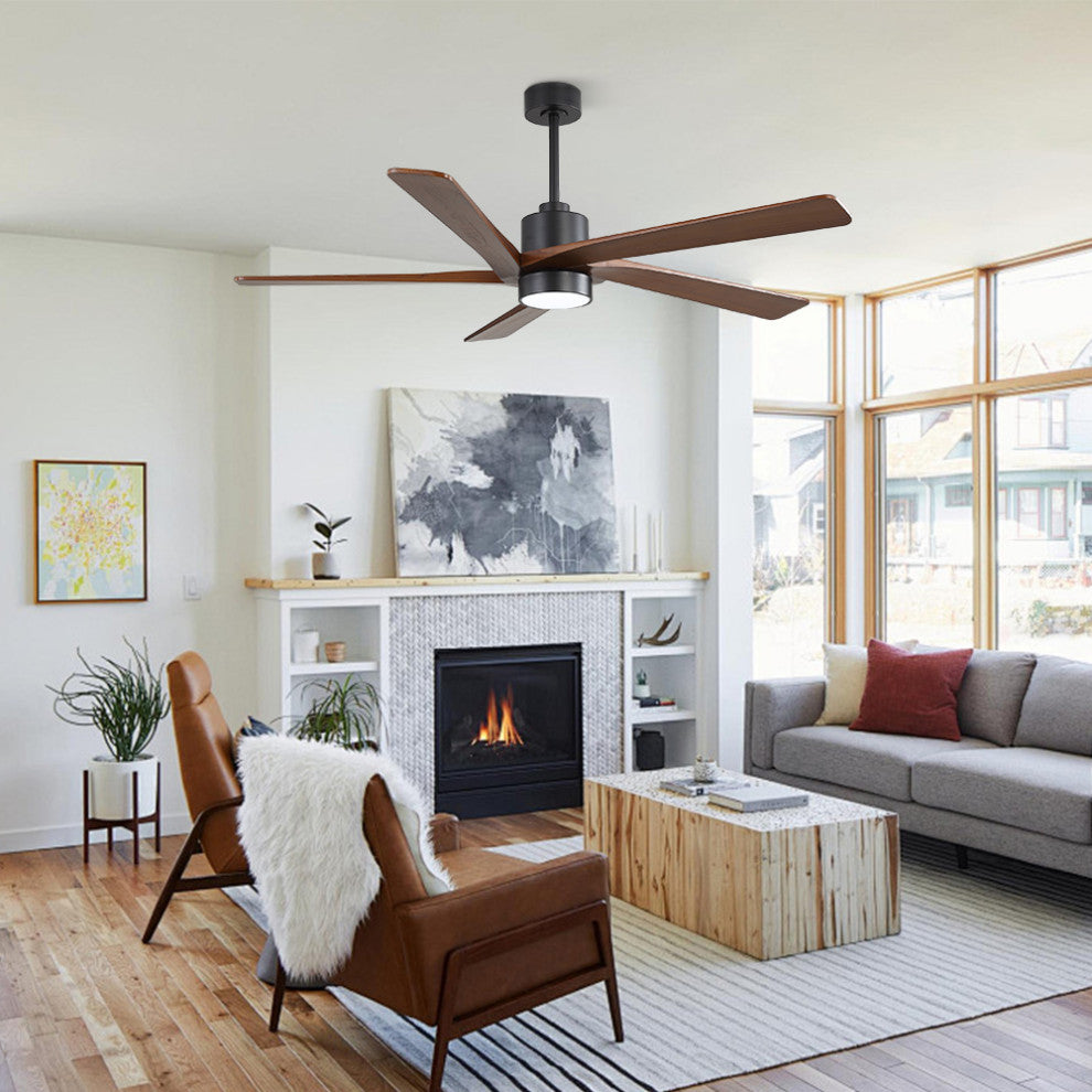 64" 5-Blade LED Ceiling Fan With Light Kit and Remote Control, Black/Walnut