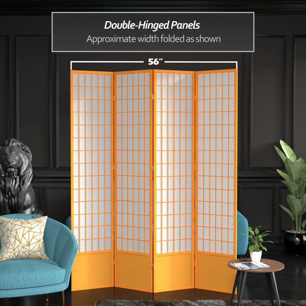 7' Tall Window Pane Shoji Screen, Honey, 4 Panels