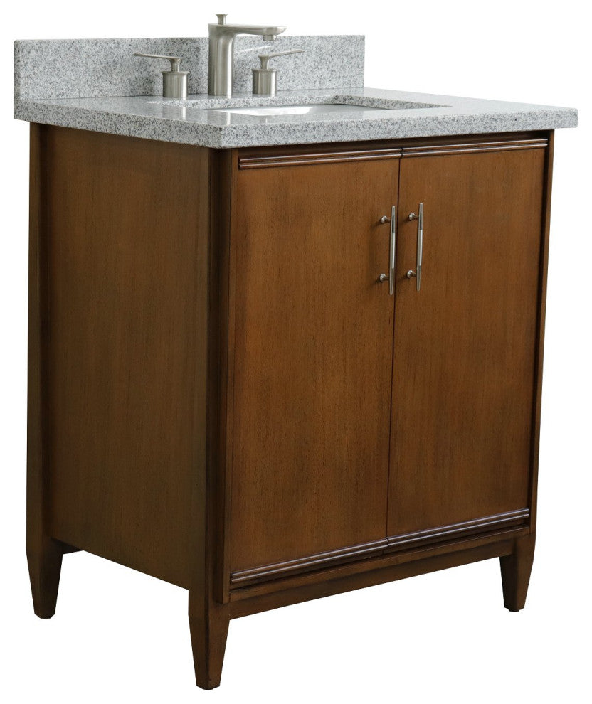 31" Single Sink Vanity, Walnut Finish, Gray Granite With Rectangle Sink