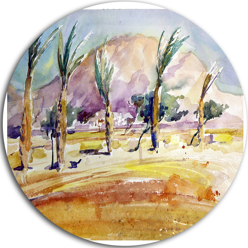 Watercolor Sea And Palm, Landscape Disc Metal Wall Art, 23"