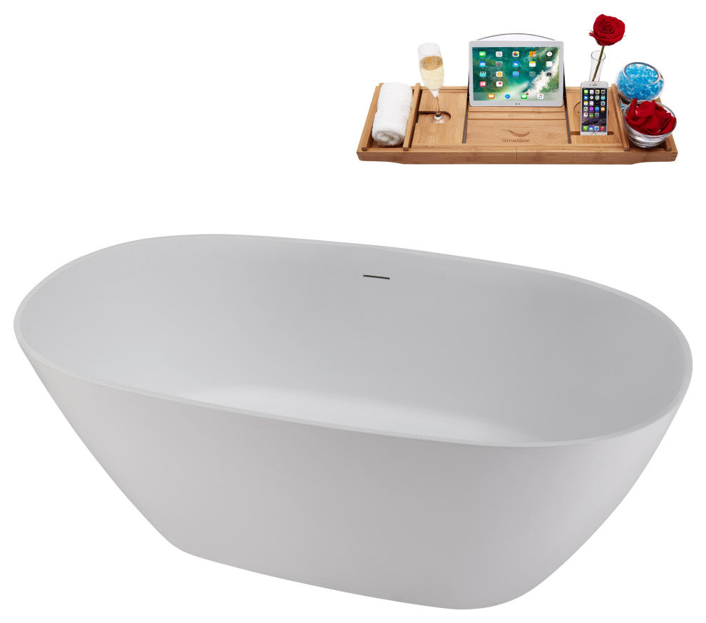 59" Streamline NS5820CH Matte White Stone Resin Bathtub, Tray With Chrome Drain