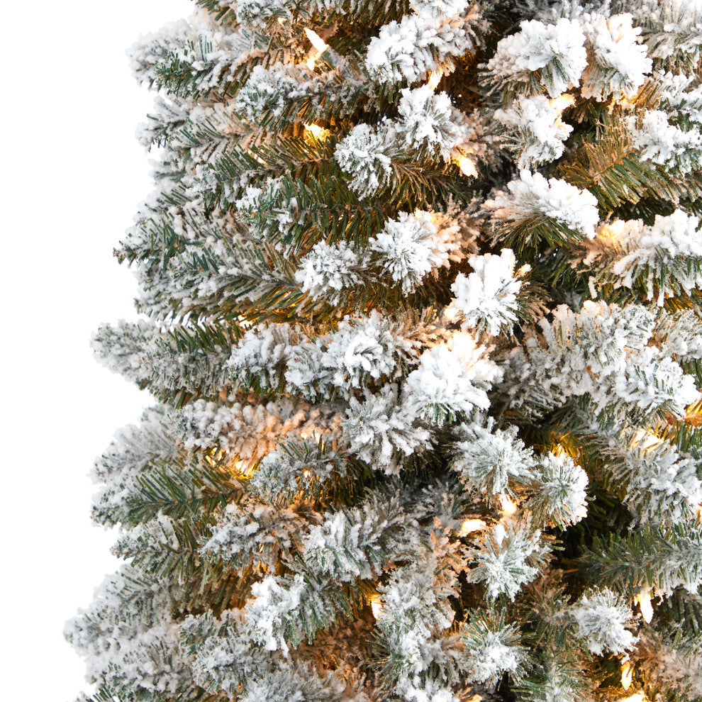 9' Flocked Pencil Faux Xmas Tree With 600 Clear Lights and 896 Bendable Branches
