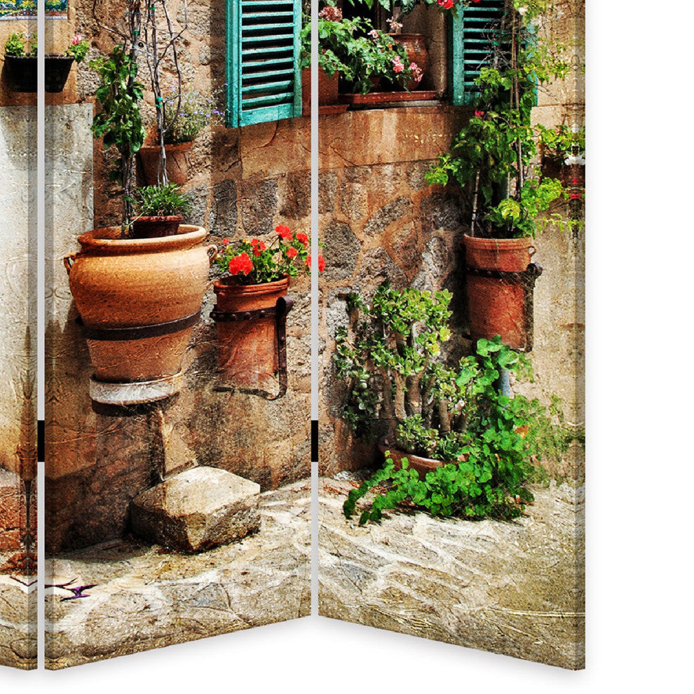 Benzara BM276725 3 Panel Room Divider, Streets, Flowers/Plants Multicolor