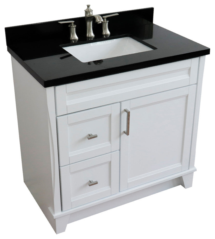 37" Single Sink Vanity, White Finish With Black Galaxy Granite