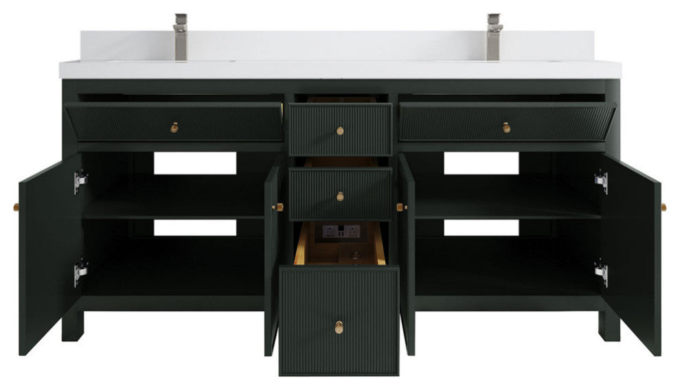Sonoma 72 Double Sink Reeded Bath Vanity in Dark Forest Green 2" White Quartz