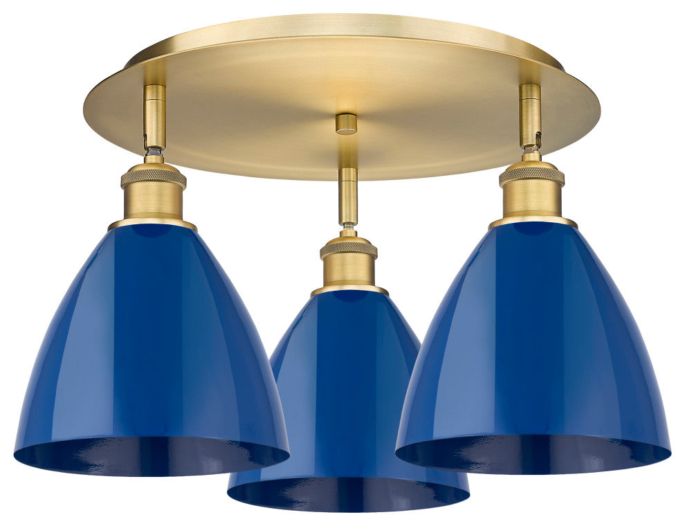 Ballston Dome-3 Light 19" Flush Mount-Brushed Brass, Blue Shade
