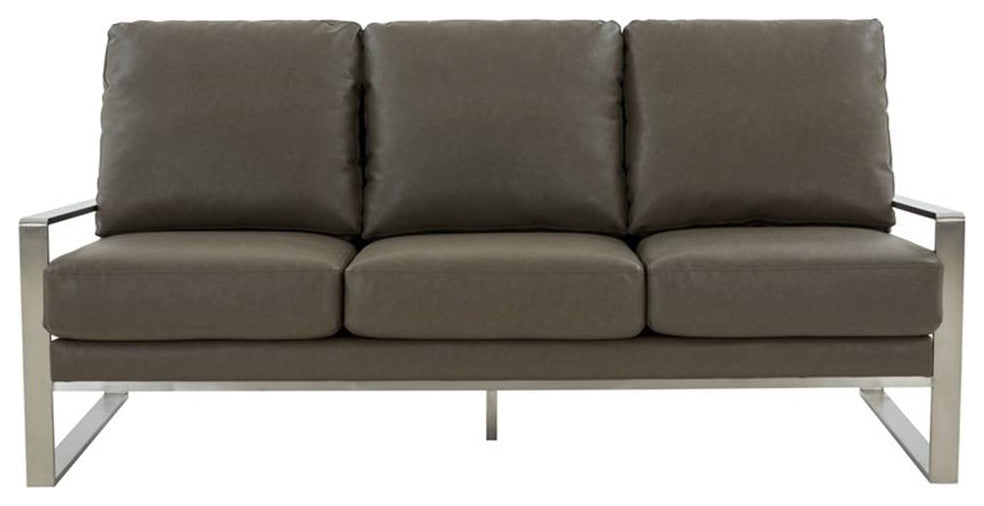 Leisuremod Jefferson Modern Faux Leather Sofa With Silver Frame Gray