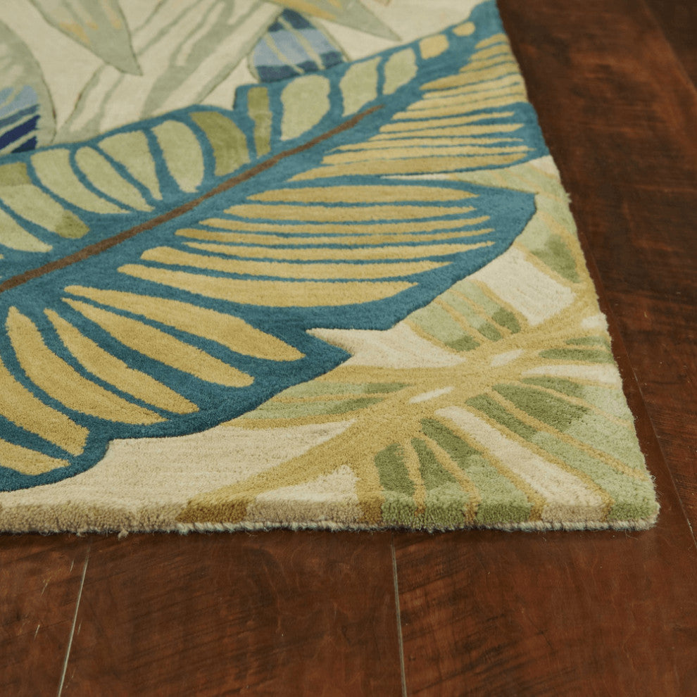 3' X 5' Ivory Or Teal Tropical Leaves Wool Indoor Area Rug
