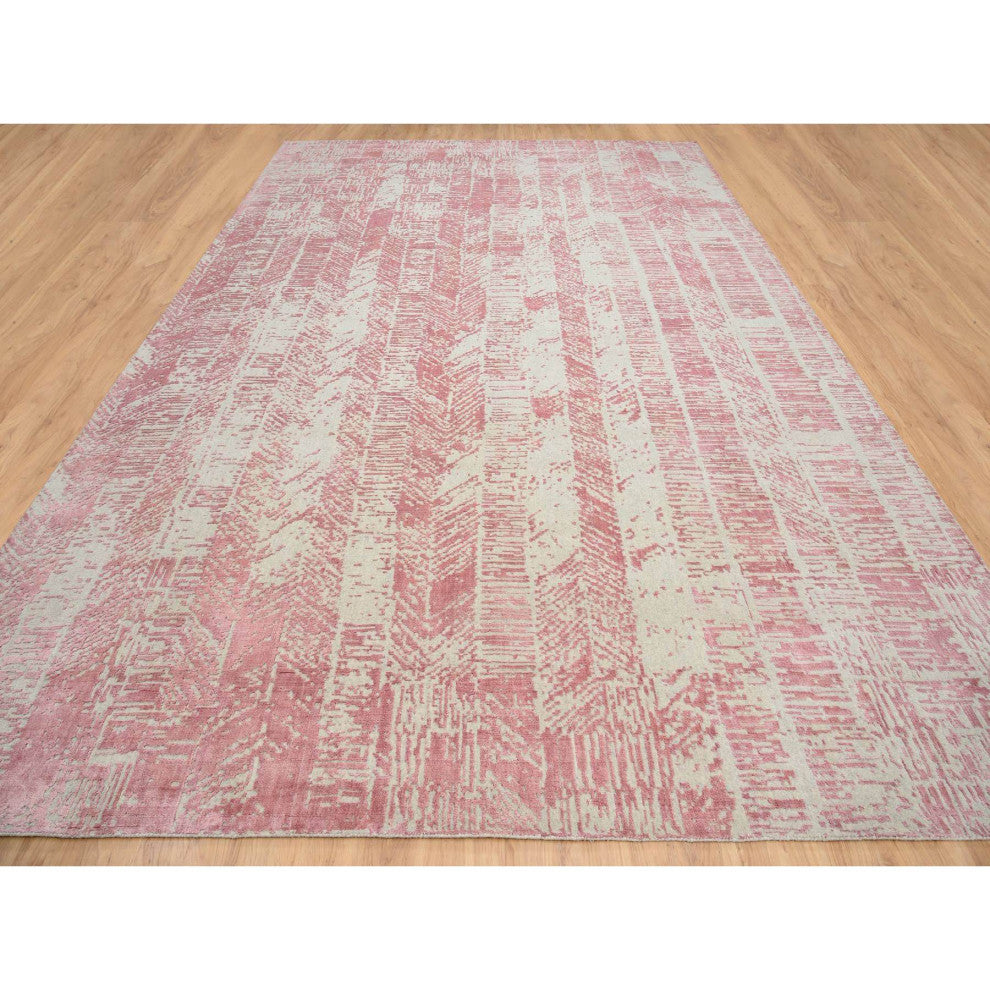 Rose Pink Wool and Art Silk Jacquard Hand Loomed Oversized Rug, 11'10"x17'10"