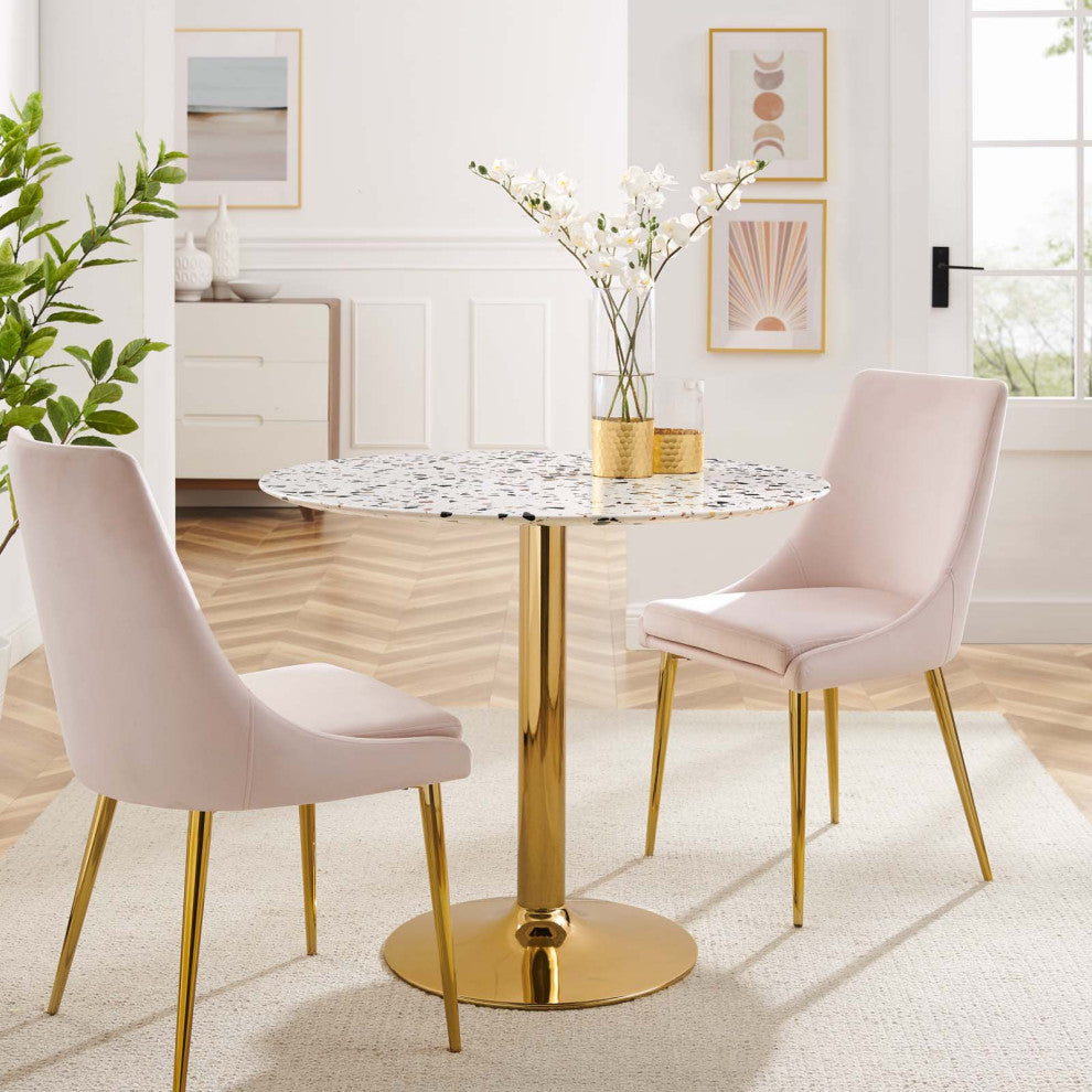 36" Dining Table, Round, White Gold, Metal, Modern Cafe Bistro Hospitality