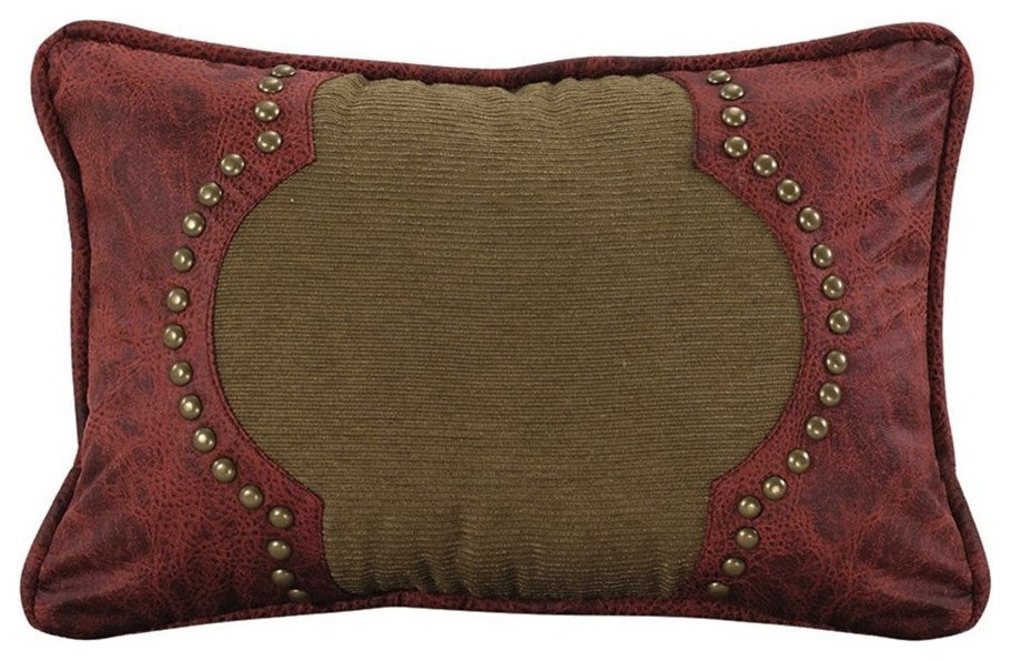Tan Pillow With Red Faux Leather Scrolled Design Accent