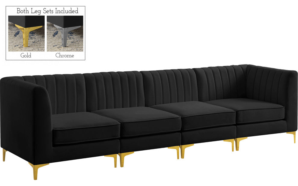 Alina Velvet Upholstered 4-Piece Modular Sofa, Black