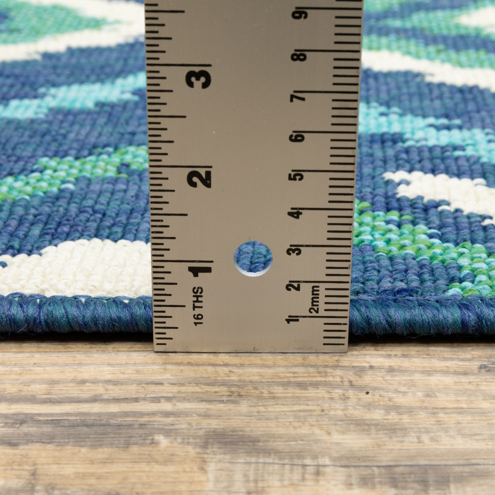 Madelina Ikat Diamonds Navy and Green Indoor or Outdoor Area Rug, 8'6"x13'