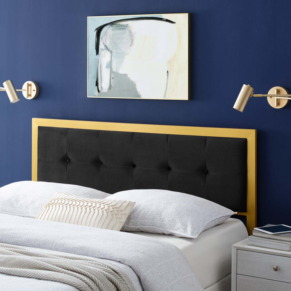 Tufted Headboard, Queen Size, Velvet, Metal, Gold Black, Modern Contemporary