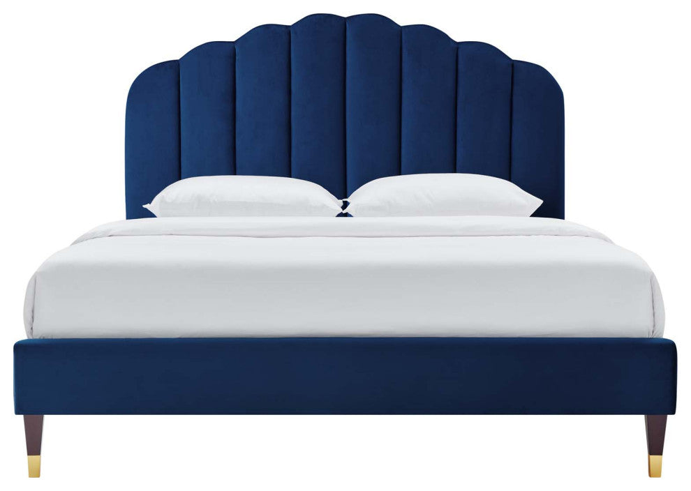 Platform Bed Frame, Queen Size, Blue Navy, Velvet, Modern, Bedroom Guest Suite