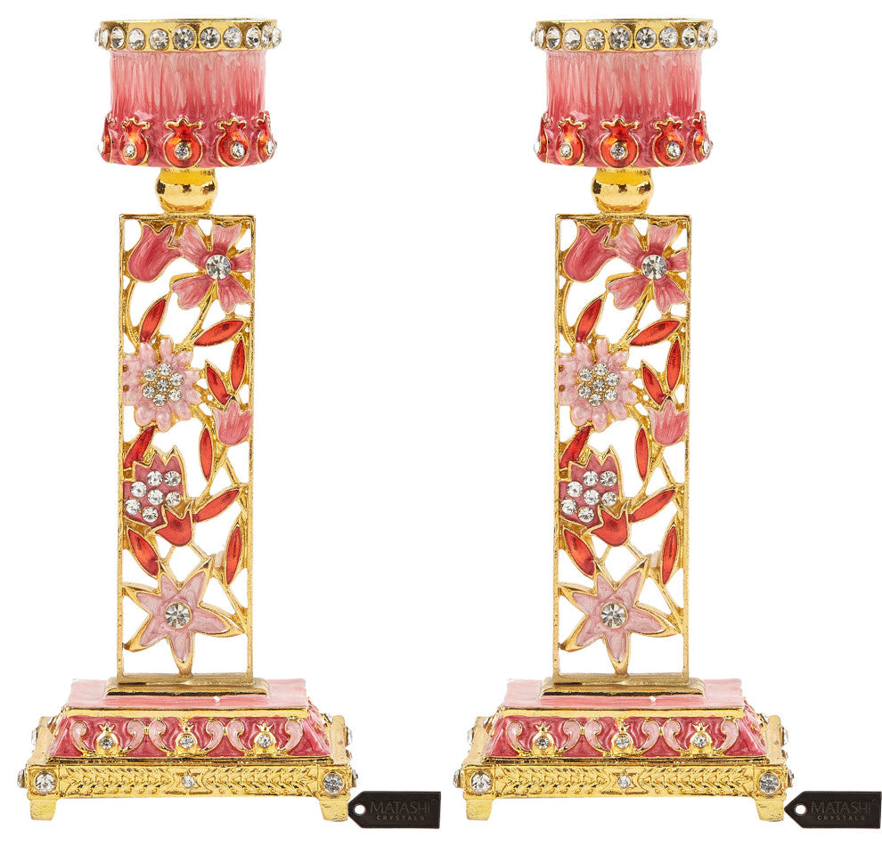 Matashi Shabbat Candlestick Holder (2-Piece Set) Hand-Painted,  Pewter (Red)