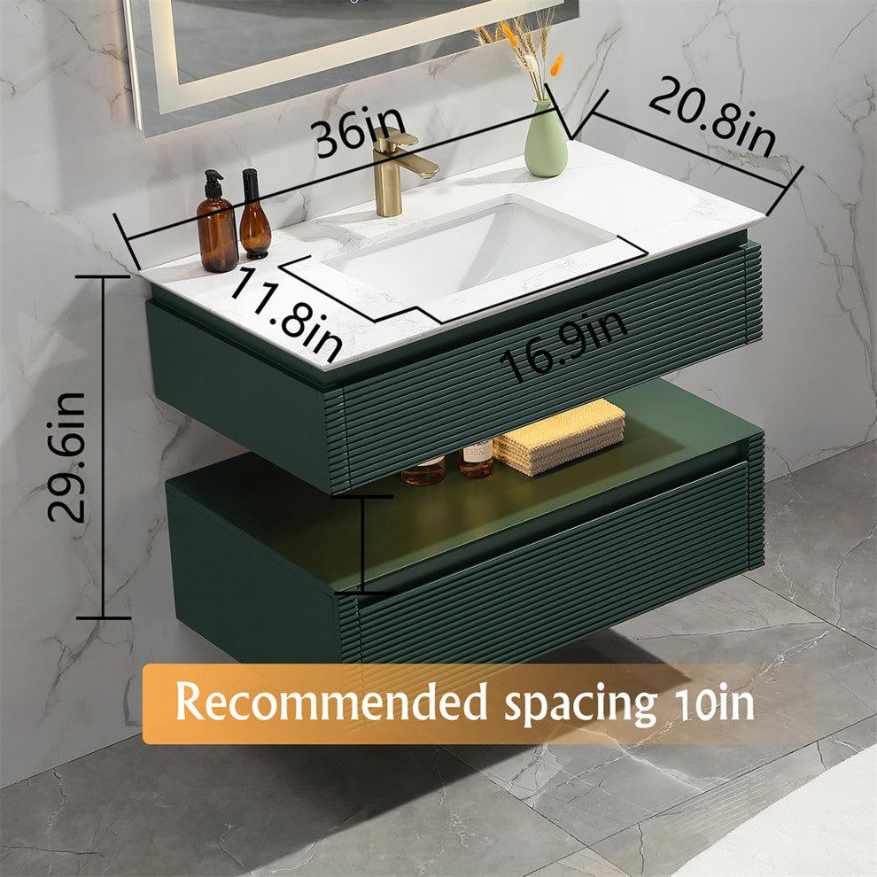 36" Solid Wood Wall-Mounted Bath Vanity Set, Green