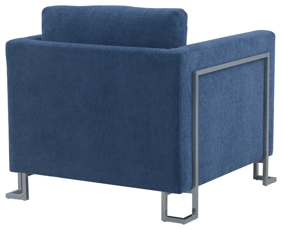 Heritage Blue Fabric Upholstered Accent Chair with Brushed Stainless Steel Legs