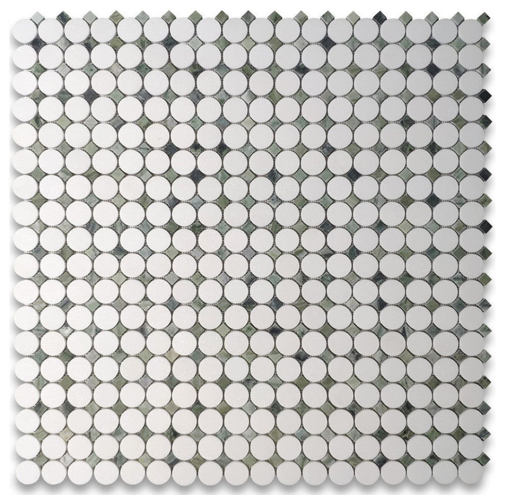 Thassos White Marble Round Mosaic Tile Sagano Vibrant Green Dots Honed, 1 sheet