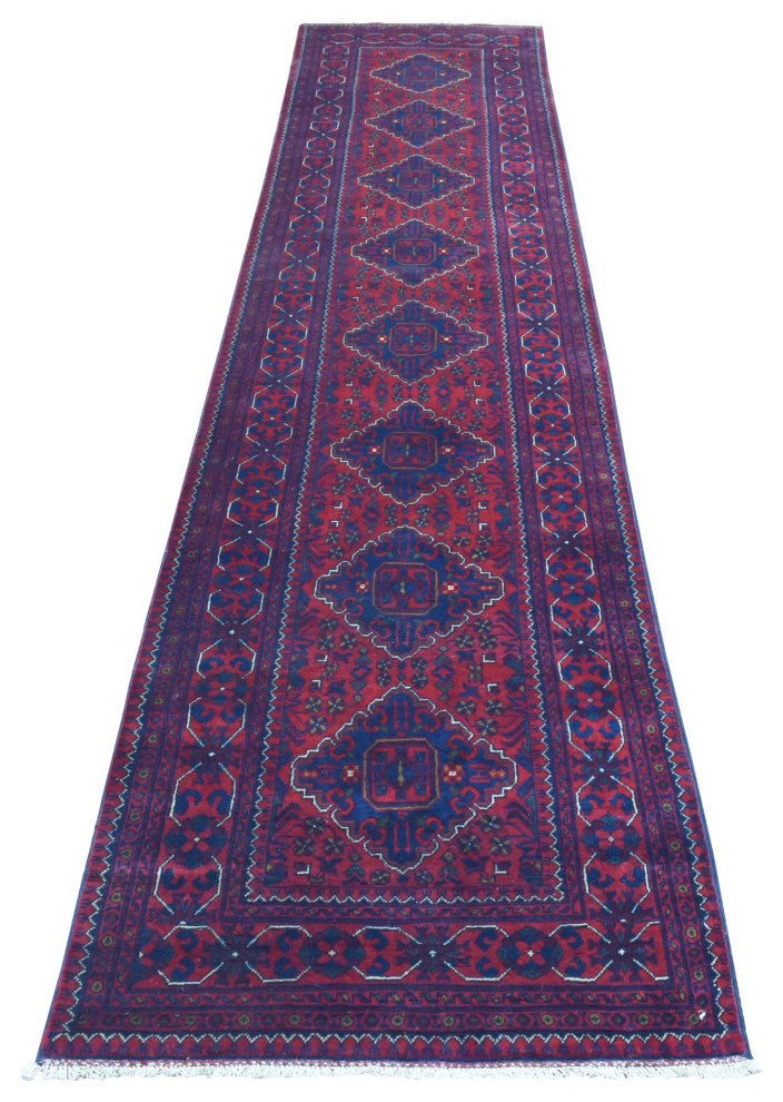 Deep and Saturated Red Afghan Khamyab Wool Hand Knotted Runner Rug, 2'8"x12'10"