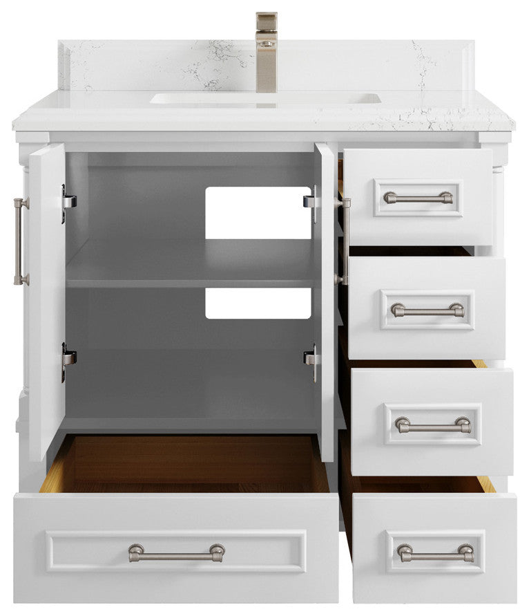 Aberdeen 36 Center Sink Bath Vanity in White 1.5" Empira Quartz