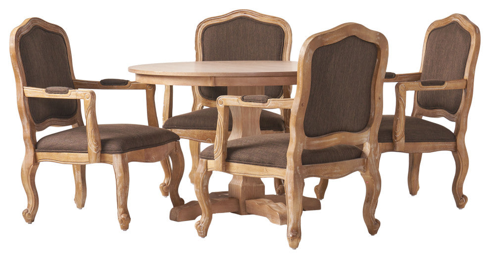 Absaroka French Country Fabric Upholstered Wood 5-Piece Dining Set, Natural/Brown