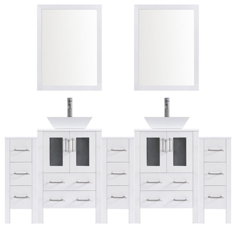 Modern Vanity Set With Two Sink Bases With Mirrors and Three Drawer Bases, White