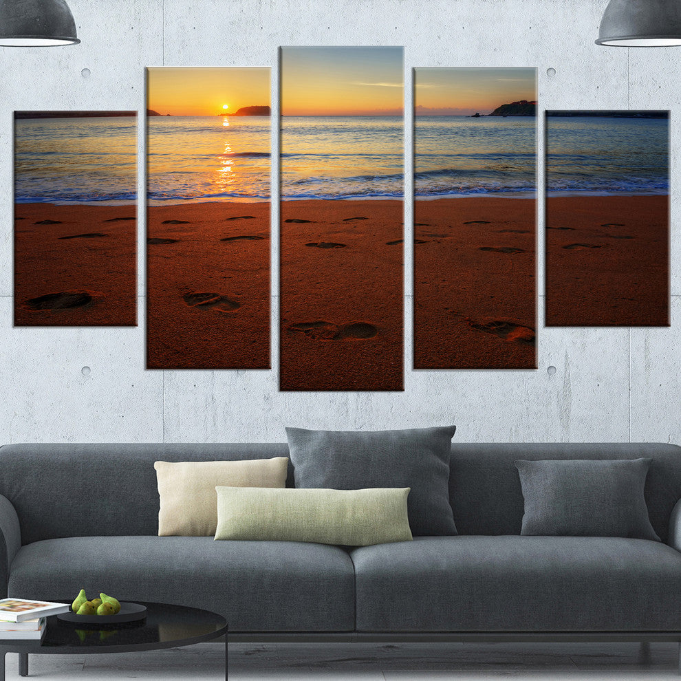 Foot printed Sandy Ocean Beach, Large Seashore Canvas Print, 60"x32", 5 Panels