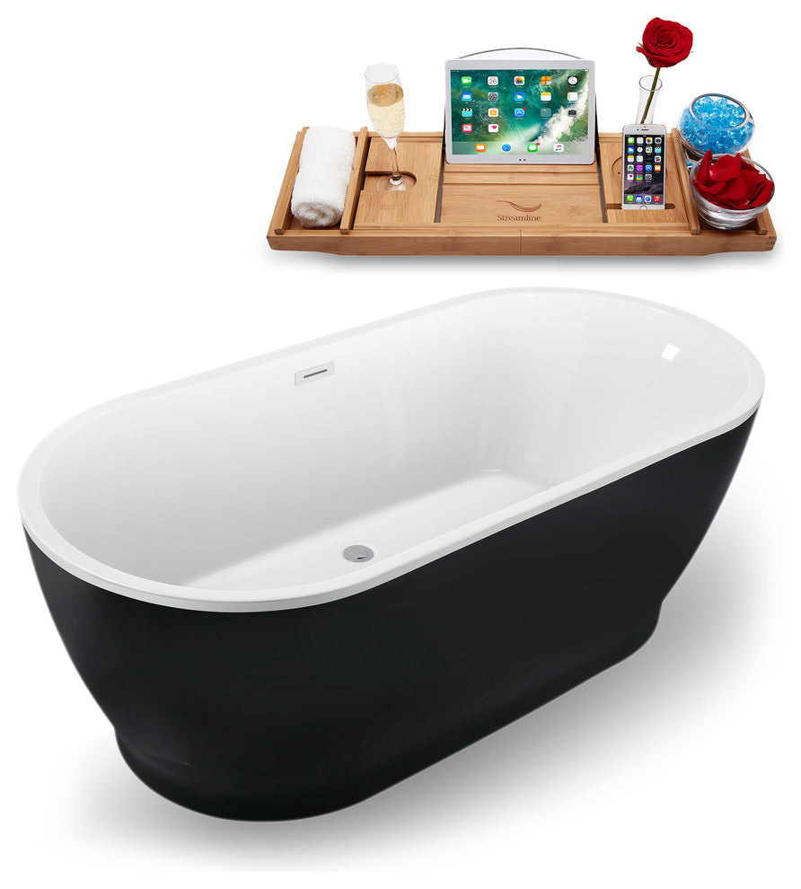 70" Black Freestanding Tub and Tray With Internal Drain, Oval Shaped