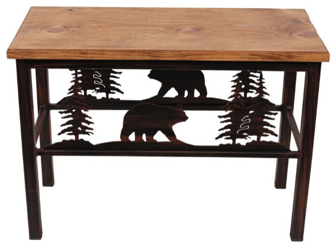 Burnt Sienna Iron Bear Scene and Stained Wood Bench