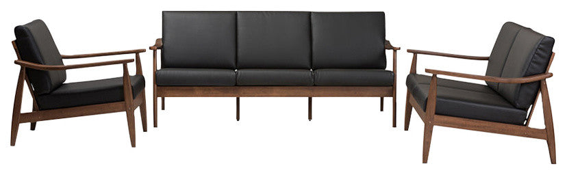 Venza Mid-Century Modern Walnut Wood Black Faux Leather 3-Piece Livingroom Set