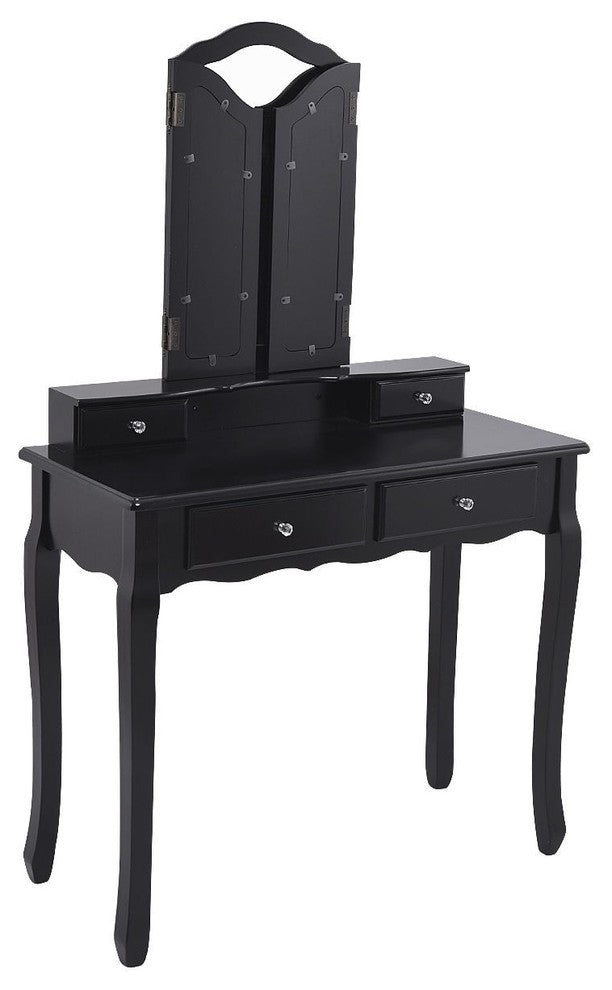 Compact Style Tri-Folding Mirror Vanity Table Stool Set With 4 Drawers, Black