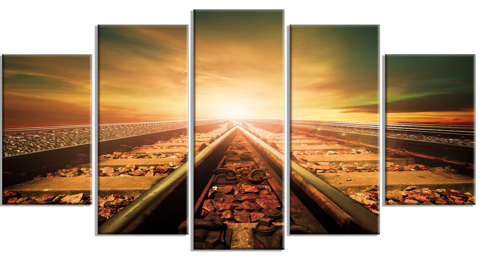 Junction of Railways Track, Landscape Canvas Art Print, 60"x32", 5 Panels