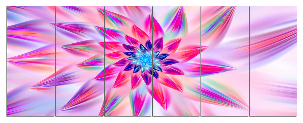 Huge Pink Blue Fractal Flower, Floral Canvas Art Print, 70"x28", 6 Panels