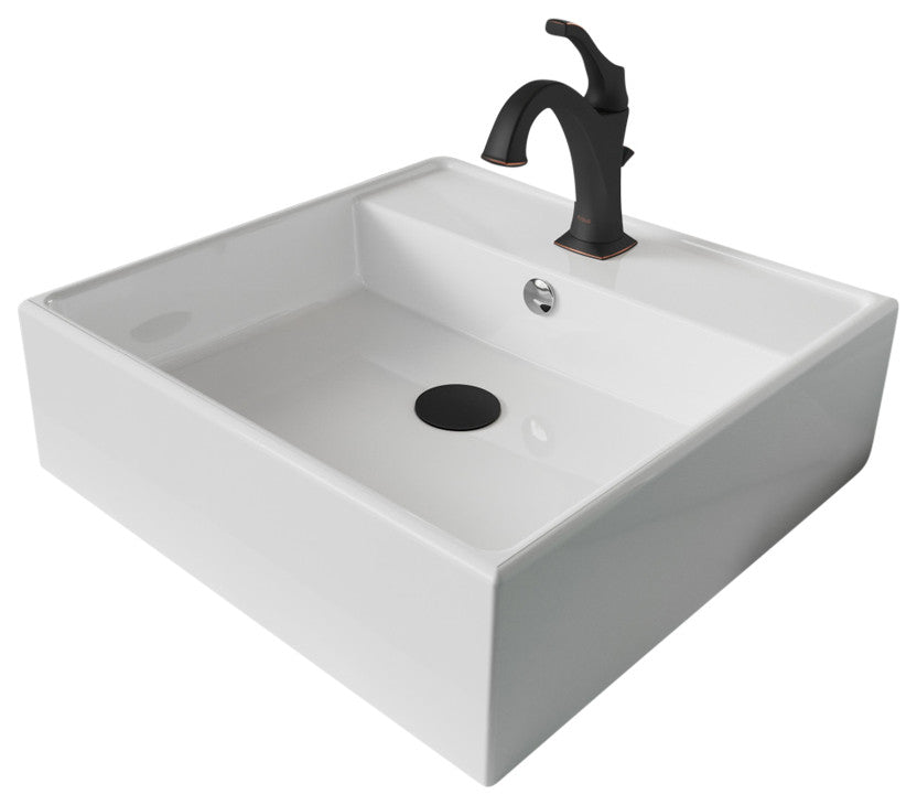 Elavo Square Ceramic Vessel Sink, Bathroom Arlo Faucet, Drain, Matte Black