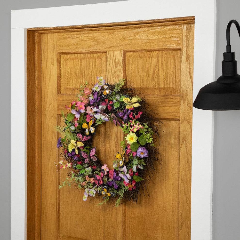 Butterfly and Wildflower Floral Twig Spring Wreath 24"