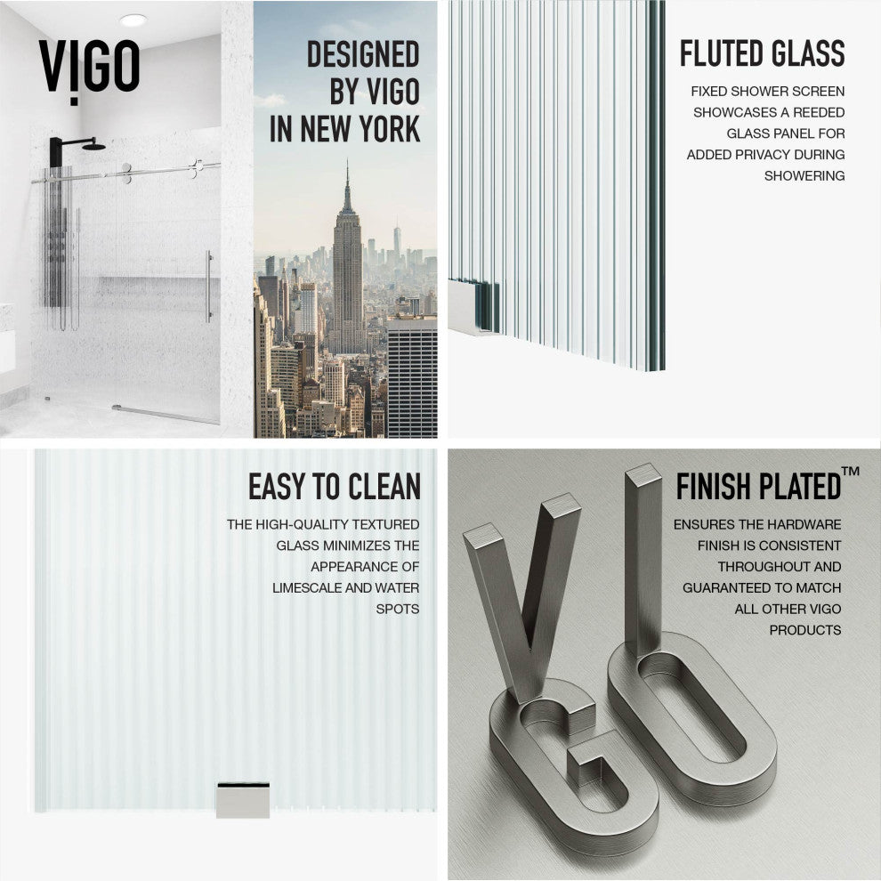 VIGO Elan 68" to 72" W x 74" H Frameless Sliding Shower Door, Stainless Steel, Left, Fluted Glass