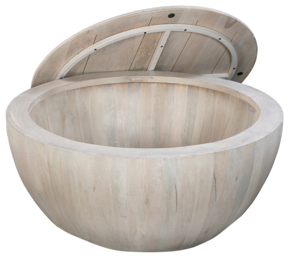 37" Round Coffee Table Handcrafted Drum Shape With Storage Washed White