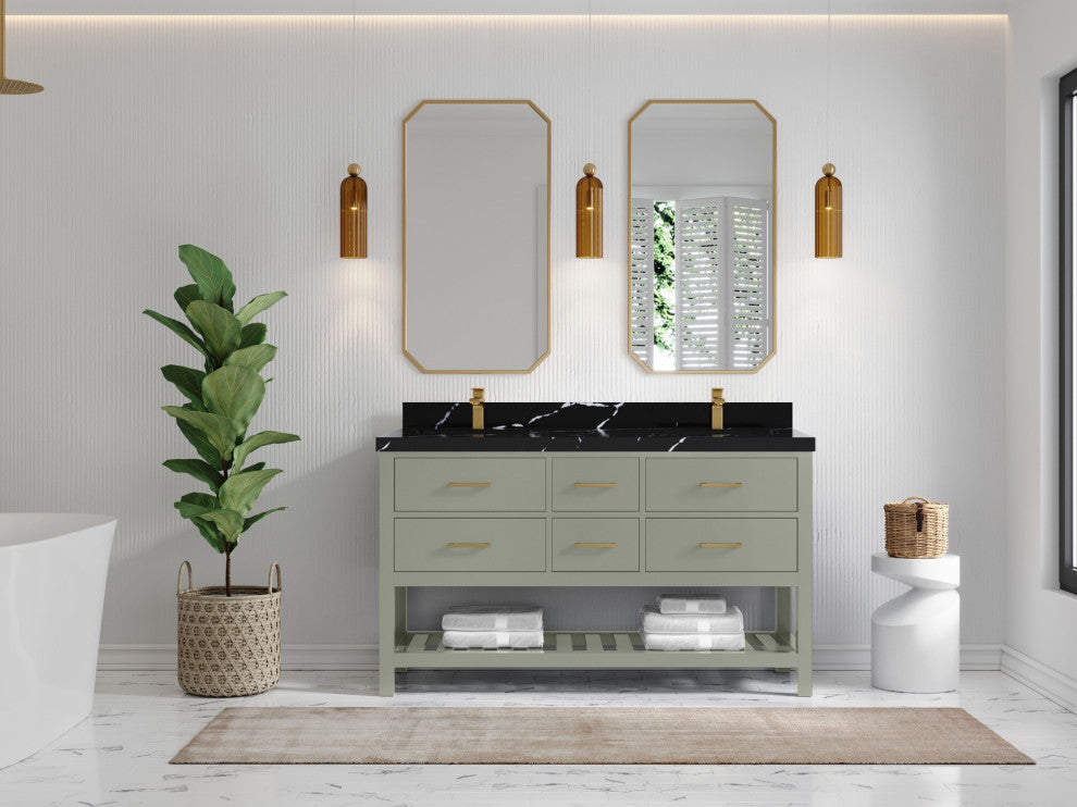 Parker 60" Double Sink Bath Vanity, Evergreen 2" Calacatta Black