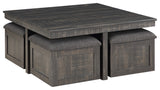 Moseberg Coffee Table with Storage Stools, Gray Oak