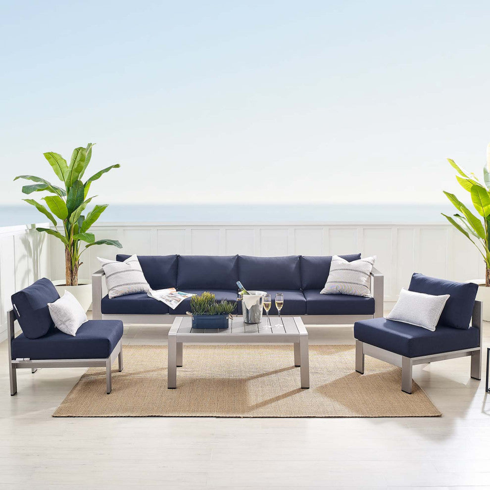 Sectional Sofa Chair Table Set, Sunbrella, Aluminum, Silver Blue Navy, Outdoor